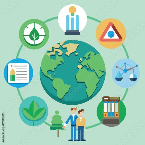 vector illustration, green rights and law or environmental protection law for a better life with an eco-friendly and sustainable future. Green environment template with isolated icons. 