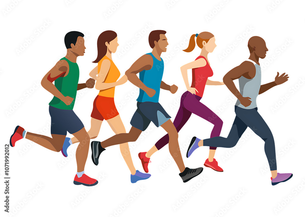 Diverse runners running marathon race sport vector illustration isolated on transparent background. Diverse runners running marathon race sport vector illustration isolated on transparent background.