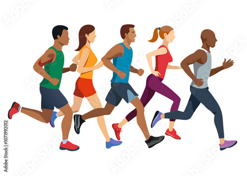 Diverse runners running marathon race sport vector illustration isolated on transparent background.