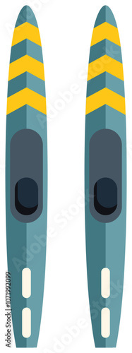 Two long and narrow water skis featuring bindings for feet, enabling gliding on the water surface