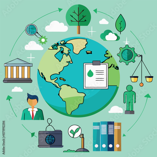 vector illustration, green rights and law or environmental protection law for a better life with an eco-friendly and sustainable future. Green environment template with isolated icons. 