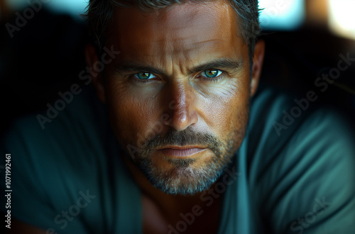 Portrait of an attractive man in his fourties, with dark hair and a beard, blue eyes, and an illuminated face, looking directly at the camera.