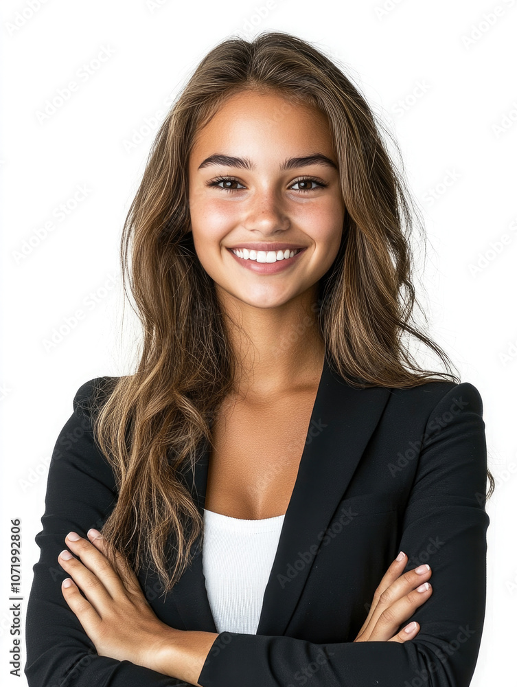 Long haired woman in suit posing on isolated white background Long haired woman in suit posing on isolated white background
