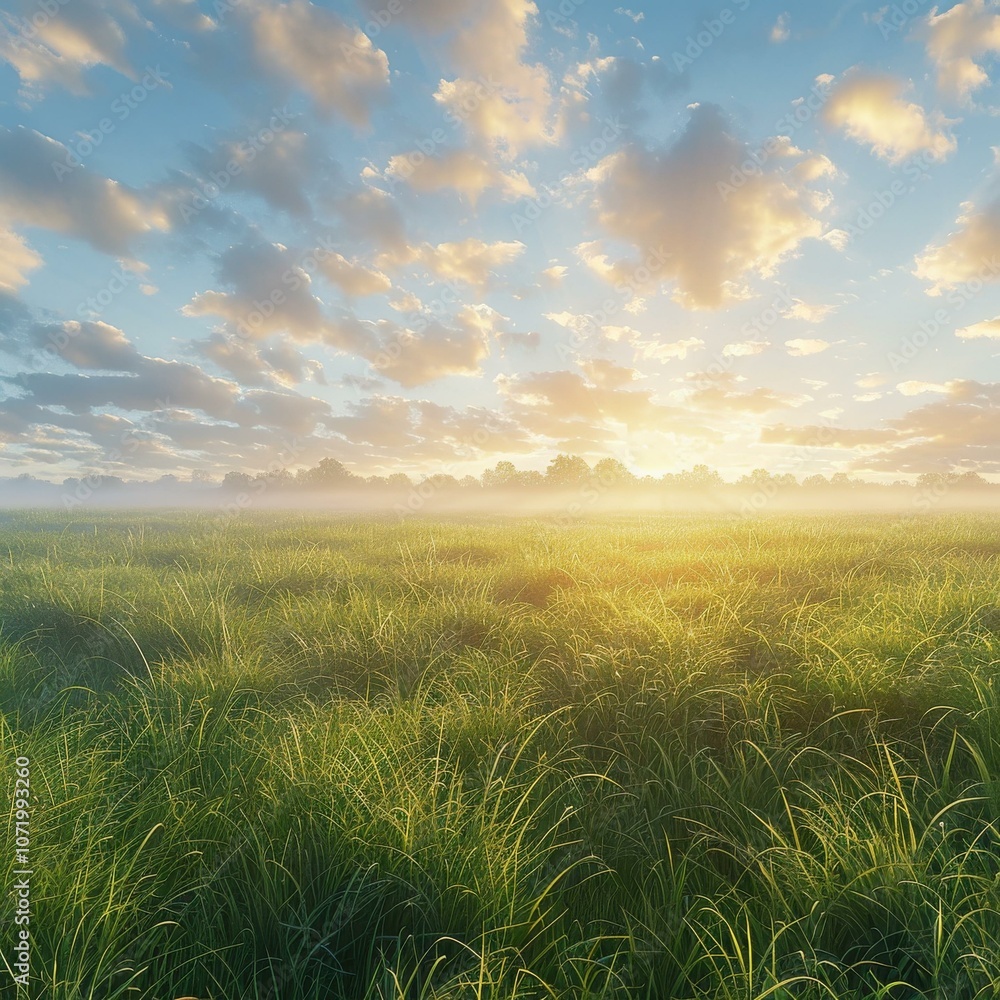 Fototapeta premium Green Grass Field Under Blue Sky With White Clouds