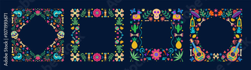 Mexican Death day. Dia de Los Muertos. Latin Halloween frame. Dead holiday in Mexico. Calavera skull. Festival maracas. Flowers or leaves. Spooky bone. Pinata party. Vector tidy decorative borders set