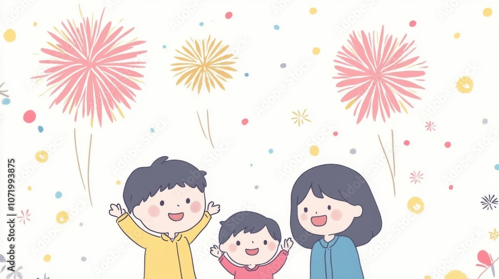 Cheerful family celebrating with fireworks, sharing joy in a festive atmosphere. Cheerful family celebrating with fireworks, sharing joy in a festive atmosphere.