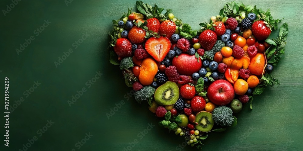 Heart-Shaped Arrangement of Fresh Fruits and Vegetables Displaying a Colorful Mix for Healthy Eating and Lifestyle Concepts Heart-Shaped Arrangement of Fresh Fruits and Vegetables Displaying a Colorful Mix for Healthy Eating and Lifestyle Concepts