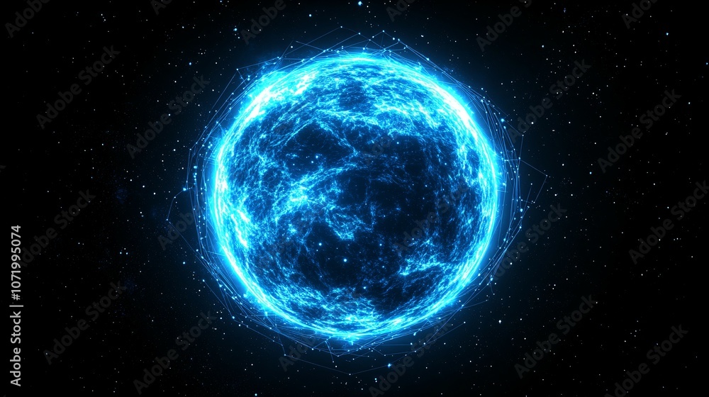 Fototapeta premium A blue glowing globe surrounded by digital lines and beams on a black background