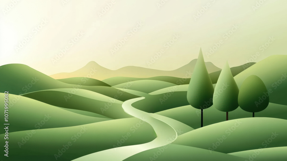 Obraz premium Serene landscape with rolling green hills and a winding river under a soft sky, AI