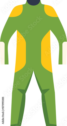 Green and yellow motorcycle racing suit standing up front view, protective stylish sportswear professional uniform for competition