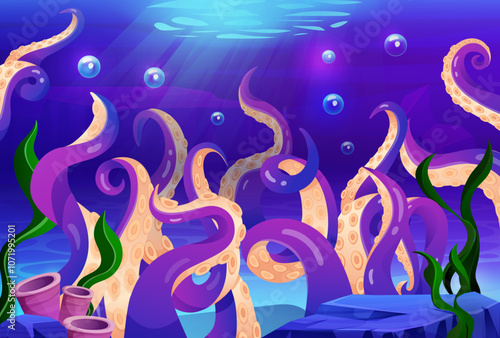 Sea octopus. Monster big squid. Scary underwater animal. Cthulhu tentacles. Fantasy cephalopod creature. Kraken spiral limbs. Ocean creepy bottom. Cute cartoon seafood. Vector tidy undersea background