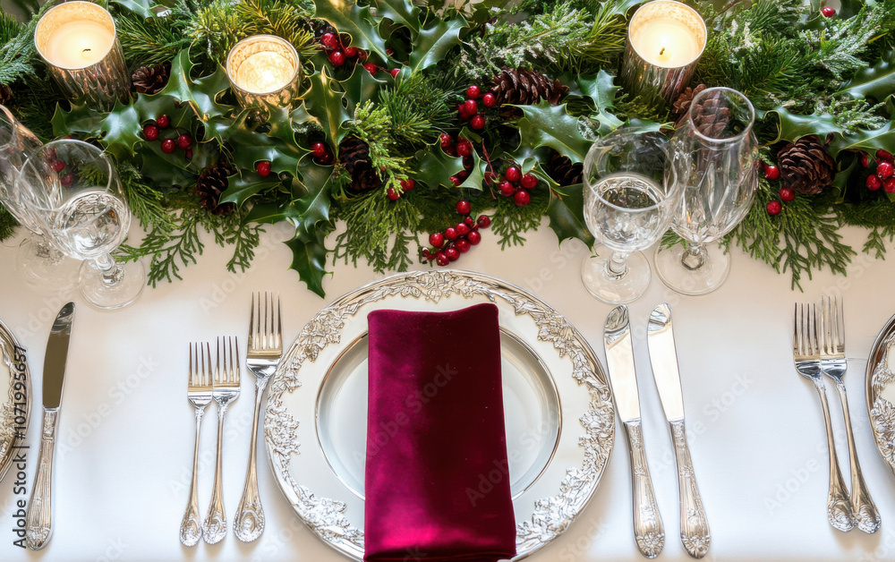Elegant holiday table setting adorned with greenery, candles, and fine dinnerware for a festive gathering during the winter season Elegant holiday table setting adorned with greenery, candles, and fine dinnerware for a festive gathering during the winter season