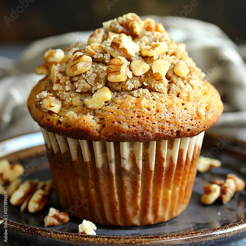 A freshly baked muffin topped with pecans sits on a blue plate. The muffin is golden brown and has a crumbly texture. There are some pecan pieces scattered around the plate photo