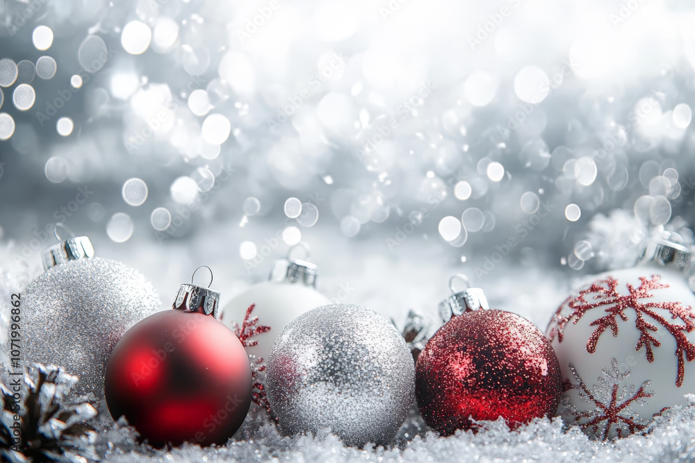 Modern White Christmas background with snowflakes and red balls. Greeting card, Happy New Year Modern White Christmas background with snowflakes and red balls. Greeting card, Happy New Year