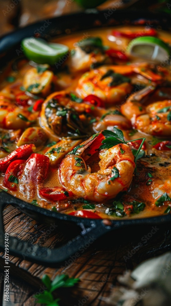 A rich and creamy shrimp curry in a cast-iron skillet on a wooden table, garnished with green herbs and lime slices. Twigs add to the cozy setting. A rich and creamy shrimp curry in a cast-iron skillet on a wooden table, garnished with green herbs and lime slices. Twigs add to the cozy setting.