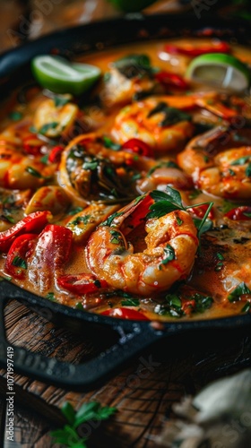 A rich and creamy shrimp curry in a cast-iron skillet on a wooden table, garnished with green herbs and lime slices. Twigs add to the cozy setting.