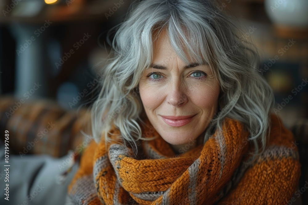 portrait of a smiling mature woman with gray hair wearing a brown scarf portrait of a smiling mature woman with gray hair wearing a brown scarf