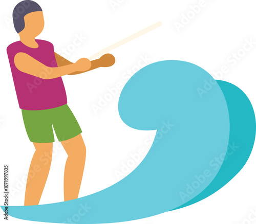 Athlete wakeboarding on blue wave, extreme water sport vector illustration