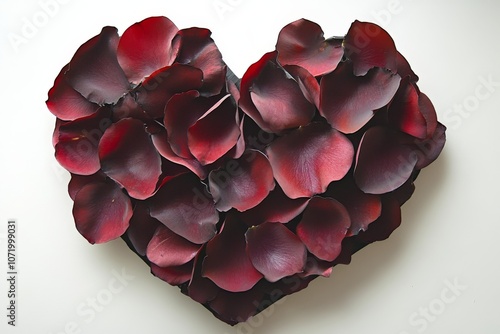 Heart Shape of Red Rose Petals on White Background