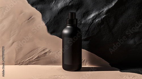 spray skincare black bottle with blank label brown stone background mockup product photography supplement elixir extract
