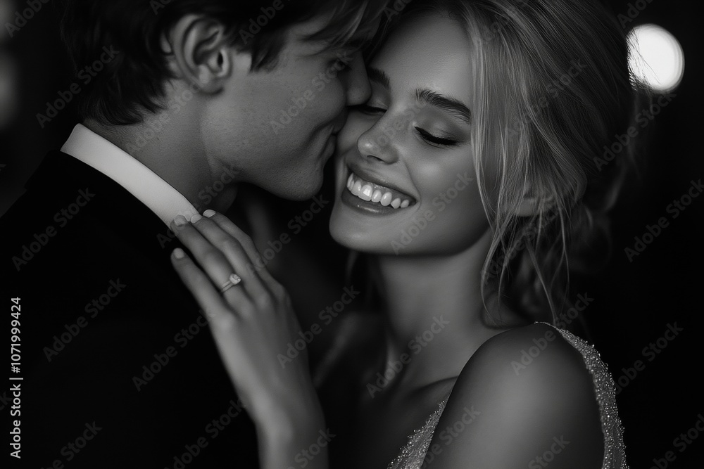 Fototapeta premium A bride and groom are smiling and hugging each other