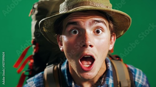 Surprised young male backpacker wearing a hat is looking at something shocking while standing against a green screen background