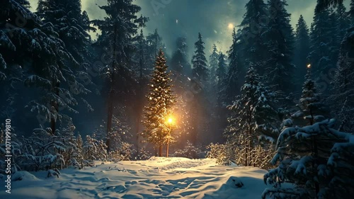 A single tree stands tall in a snowy forest, illuminated by a warm light