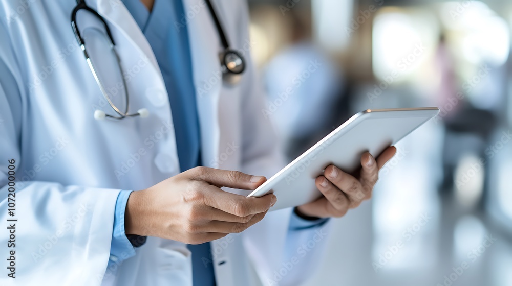 Close-up of a doctor's hands holding a tablet in a hospital. Close-up of a doctor's hands holding a tablet in a hospital.