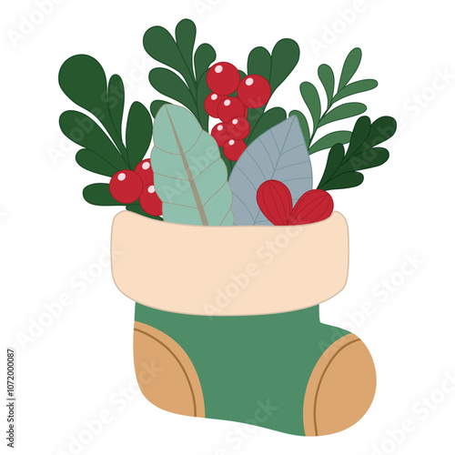 Christmas stocking decorative element design with holly berries and some leaves inside.