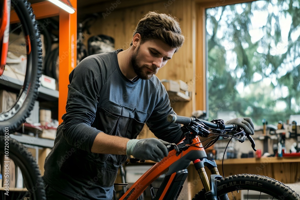 Man Working on Mountain Bike in Workshop Man Working on Mountain Bike in Workshop