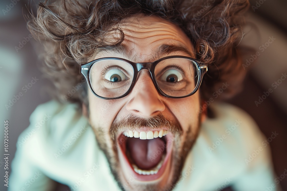 Curly-haired man with glasses displays a wide open-mouthed grin, capturing an excited and joyful expression. Curly-haired man with glasses displays a wide open-mouthed grin, capturing an excited and joyful expression.