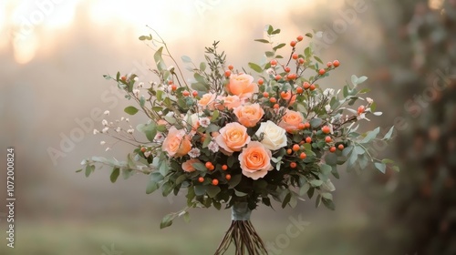 A stunning arrangement of pink and peach roses, intermixed with red berries and green foliage, captured in an outdoor natural setting, exuding timeless beauty. photo