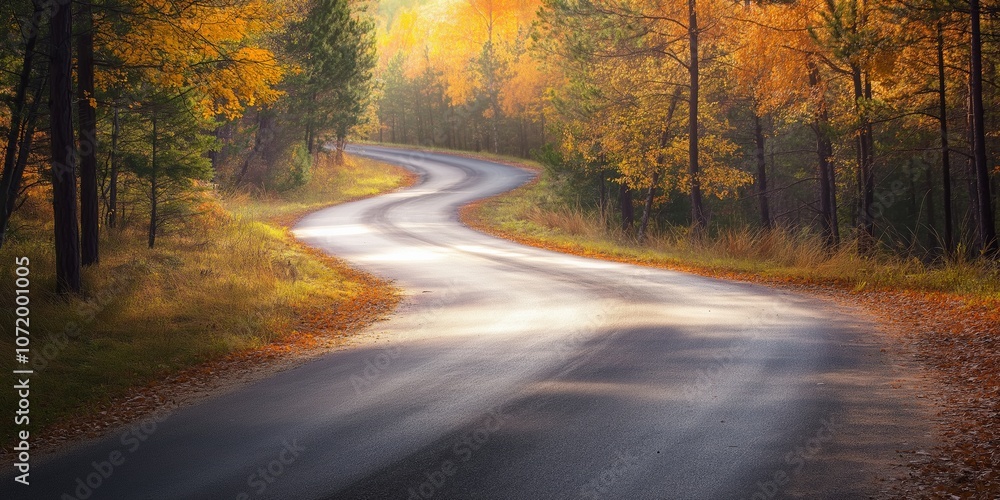 Obraz premium A winding road stretches through an autumn forest, covered with golden leaves, creating a mesmerizing path.