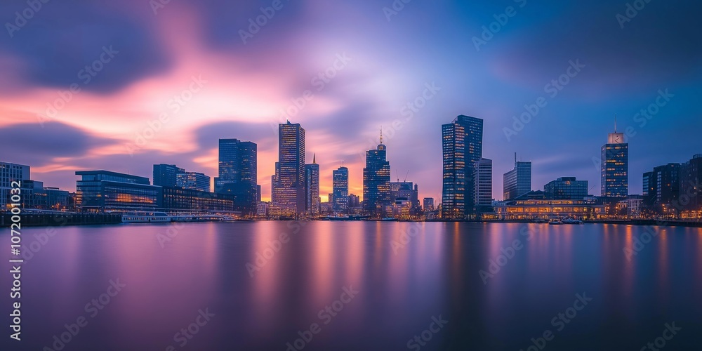 The city skyline stands against a twilight sky, lights reflecting on the water, offering a mood of urban tranquility. The city skyline stands against a twilight sky, lights reflecting on the water, offering a mood of urban tranquility.