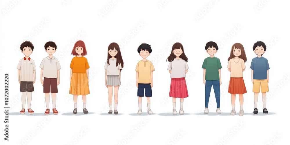A group of children are standing in a line, with some wearing shorts and others wearing skirts. The children are of different ages and heights, and they are all wearing different colored shirts A group of children are standing in a line, with some wearing shorts and others wearing skirts. The children are of different ages and heights, and they are all wearing different colored shirts