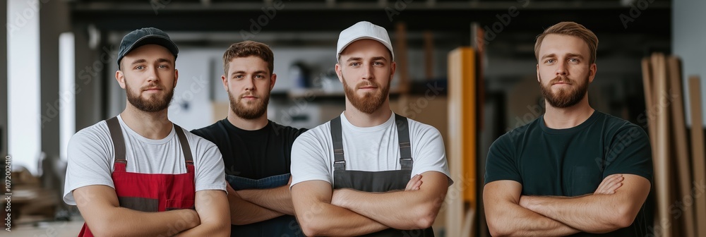 Fototapeta premium Four men with beards and hats are standing together in a room. They are all wearing aprons and have their arms crossed. Scene is serious and professional