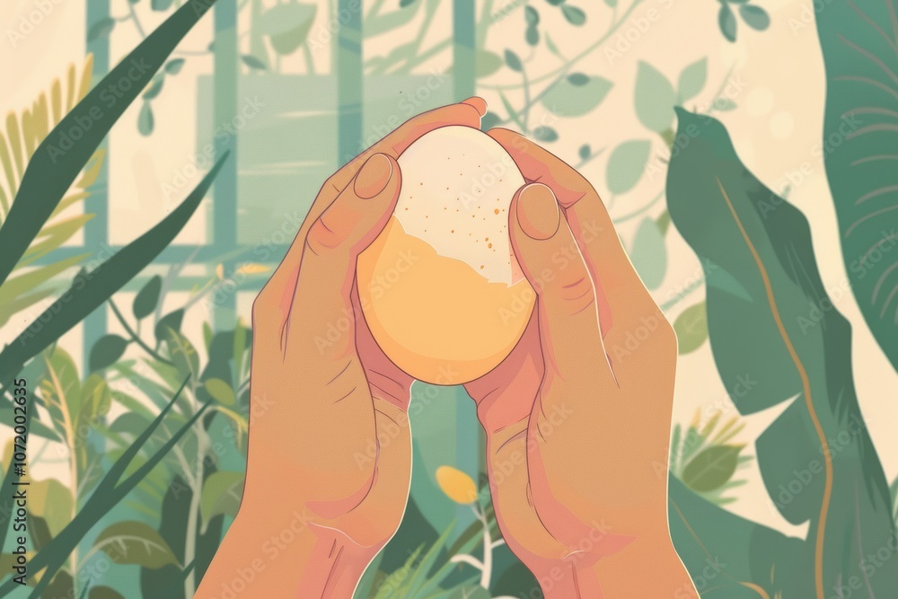 Illustrated citrus fruit in hands among tropical foliage Illustrated citrus fruit in hands among tropical foliage