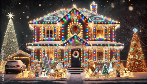 A festive home completely covered in twinkling Christmas lights, with a glowing wreath on the door and snow on the ground.