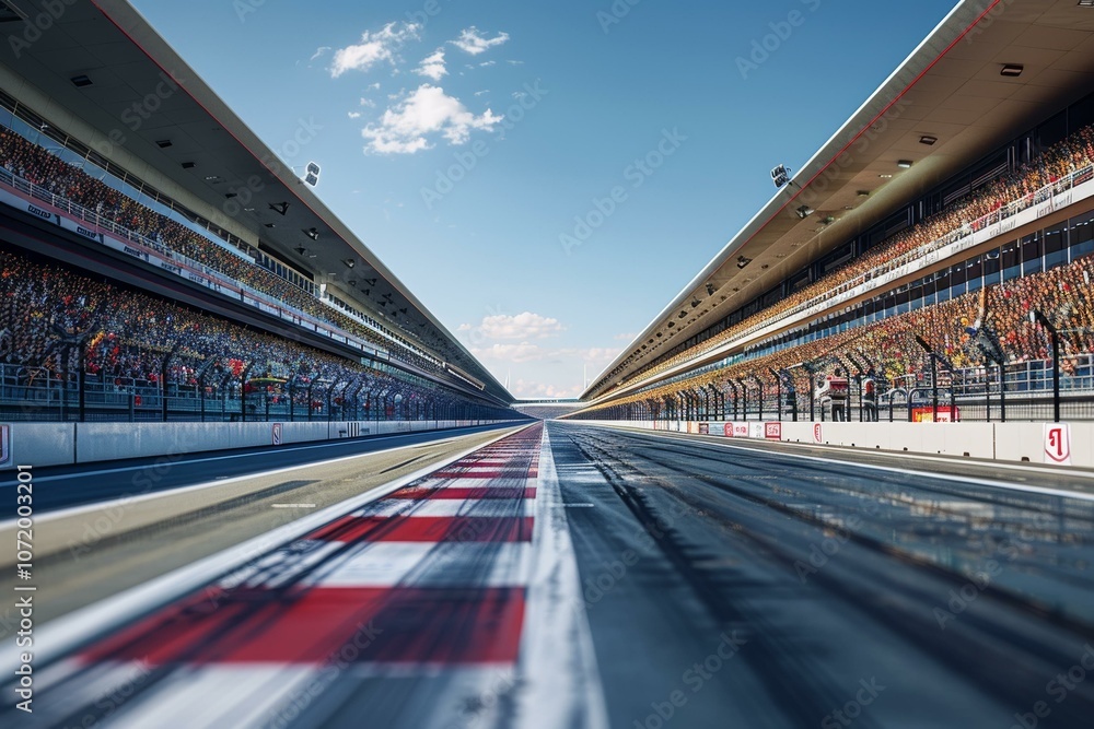 A long and empty racetrack with grandstands on both sides