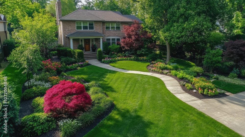 Fototapeta premium Aerial perspective of a spacious front yard with green grass, vibrant flowers, and small shrubs along the pathway.