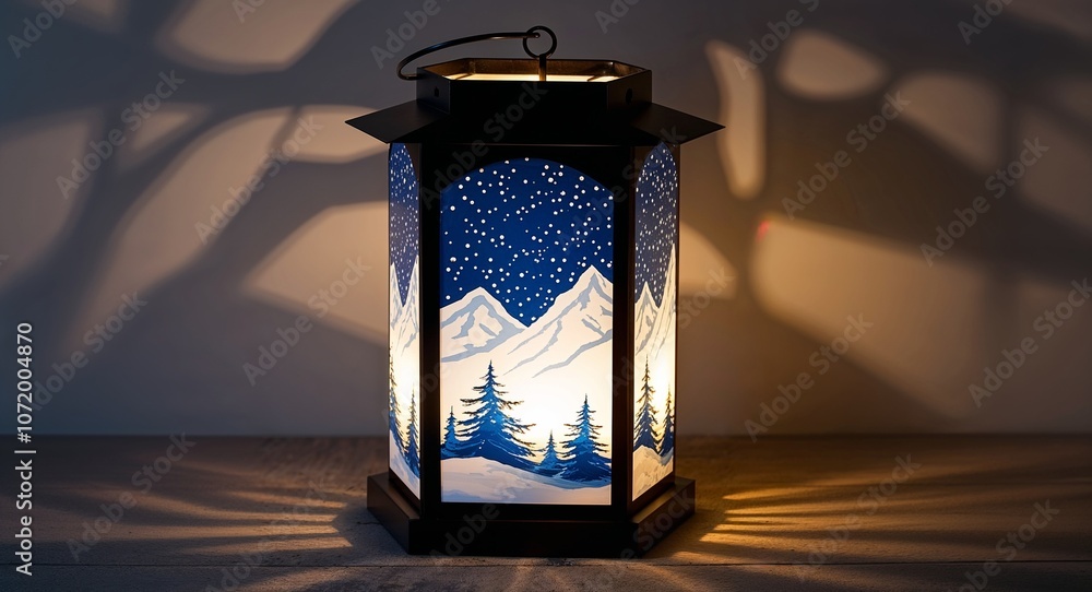Snow capped mountain scene lantern softly illuminated creating cozy shadows in the dark Snow capped mountain scene lantern softly illuminated creating cozy shadows in the dark