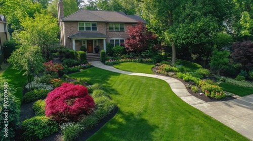 Fototapeta Naklejka Na Ścianę i Meble -  Aerial perspective of a spacious front yard with green grass, vibrant flowers, and small shrubs along the pathway.