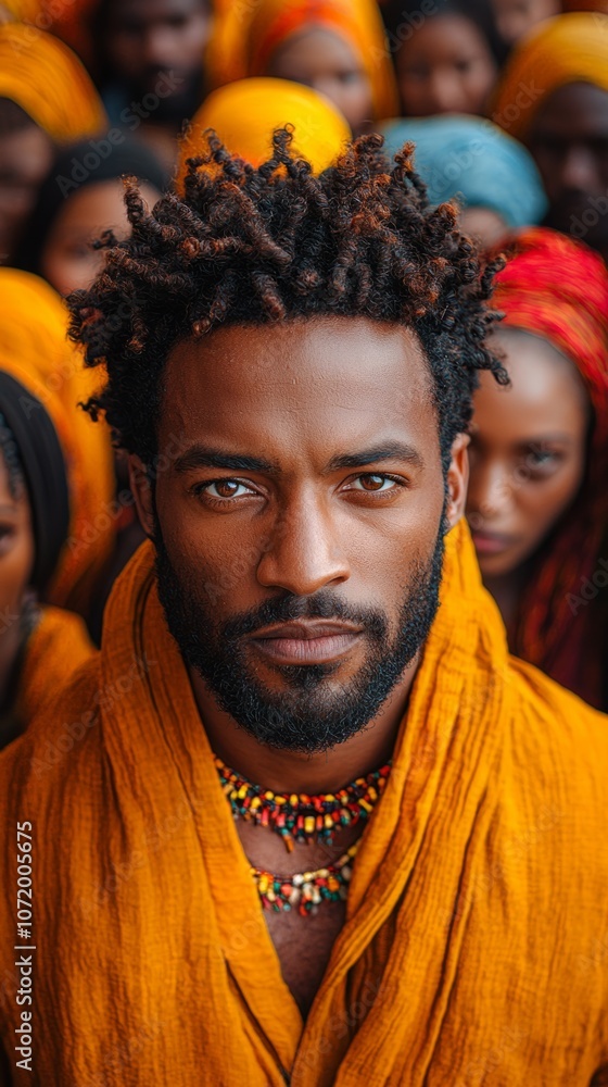 A group of people dressed in vibrant orange fabric gathers in a cultural celebration, showcasing unity and tradition A group of people dressed in vibrant orange fabric gathers in a cultural celebration, showcasing unity and tradition