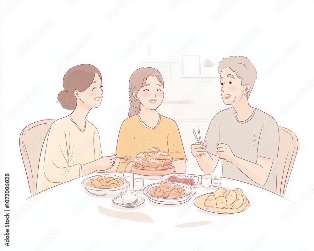 Enjoying a joyful meal together, sharing delicious dishes and laughter. Enjoying a joyful meal together, sharing delicious dishes and laughter.