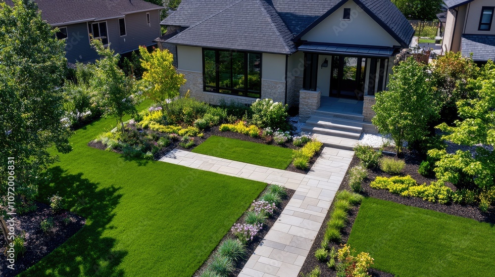 Aerial shot of a vibrant front lawn featuring green grass, shrubs, and stone walkways in a modern landscape design. Aerial shot of a vibrant front lawn featuring green grass, shrubs, and stone walkways in a modern landscape design.