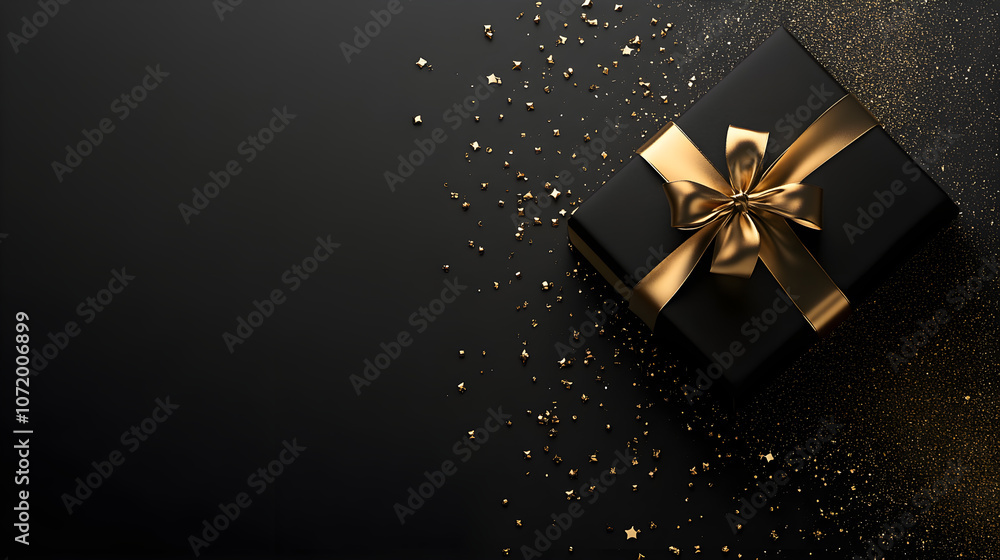 Elegant black gift box with golden ribbon and scattered stars Elegant black gift box with golden ribbon and scattered stars