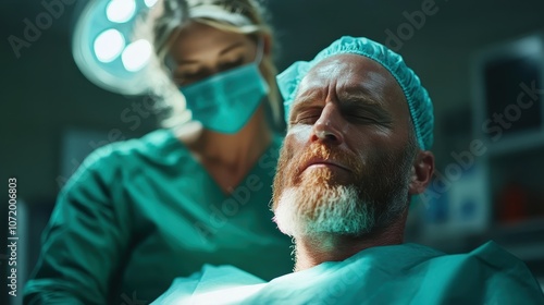 A surgeon in a focused operating room, with a patient prepped for surgery, represents precision, medical expertise, and life-saving dedication in a critical healthcare environment. photo