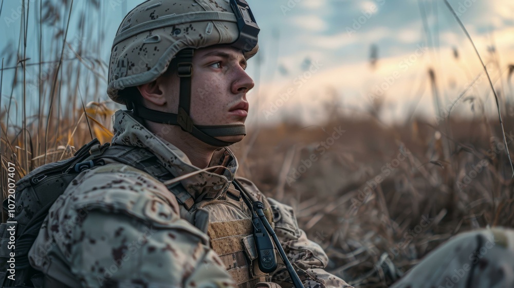 Fototapeta premium A pensive soldier sits on the ground in a contemplative mood