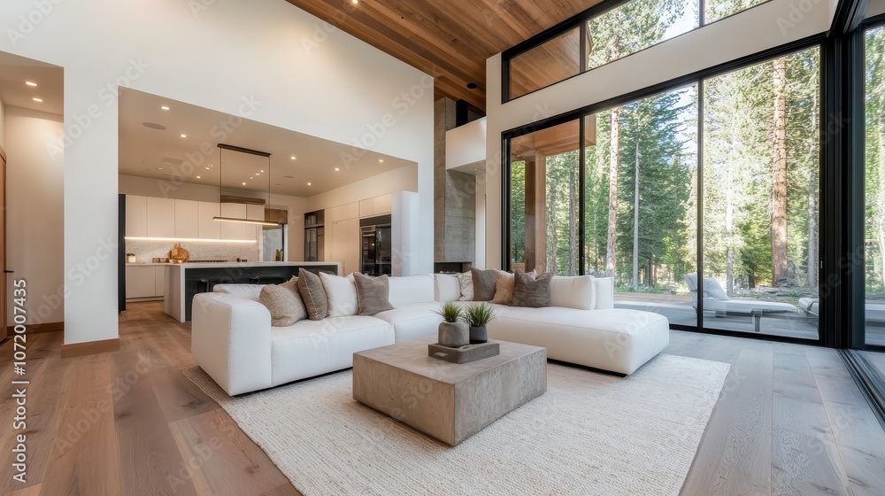 Spacious and modern living room design with large windows, offering stunning panoramic views of the surrounding forest, while featuring comfortable white furniture. Spacious and modern living room design with large windows, offering stunning panoramic views of the surrounding forest, while featuring comfortable white furniture.