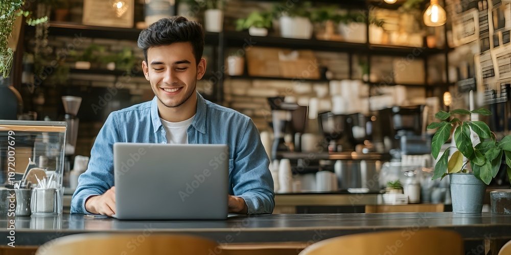 Fototapeta premium Smiling Man Working on Laptop in Cafe